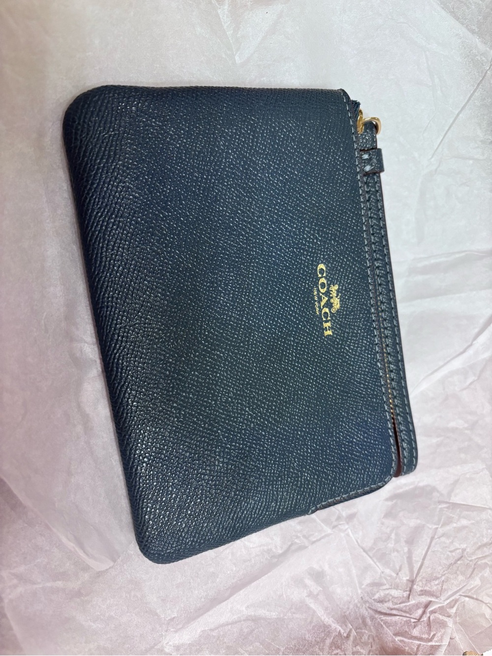 Coach Navy Black Textured Leather Zip Pouch with Gold Logo
